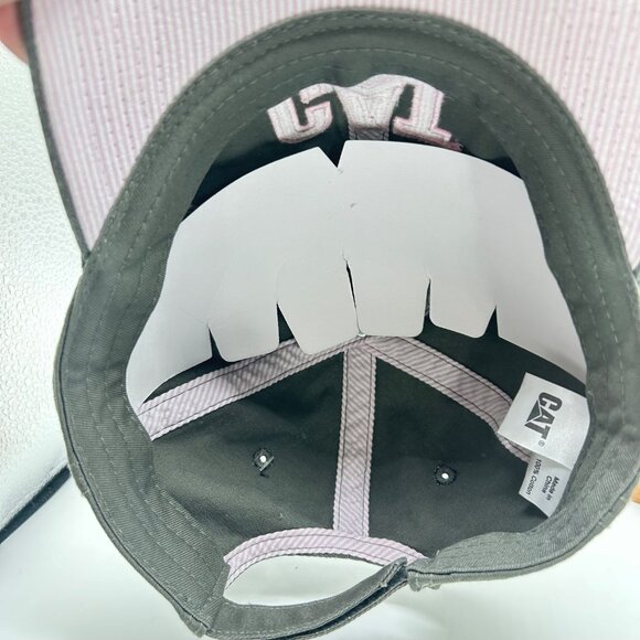 CAT Cap Womens Olive Green Cap Pink Logo Adjustable Strapback Distressed Hat - Picture 7 of 8